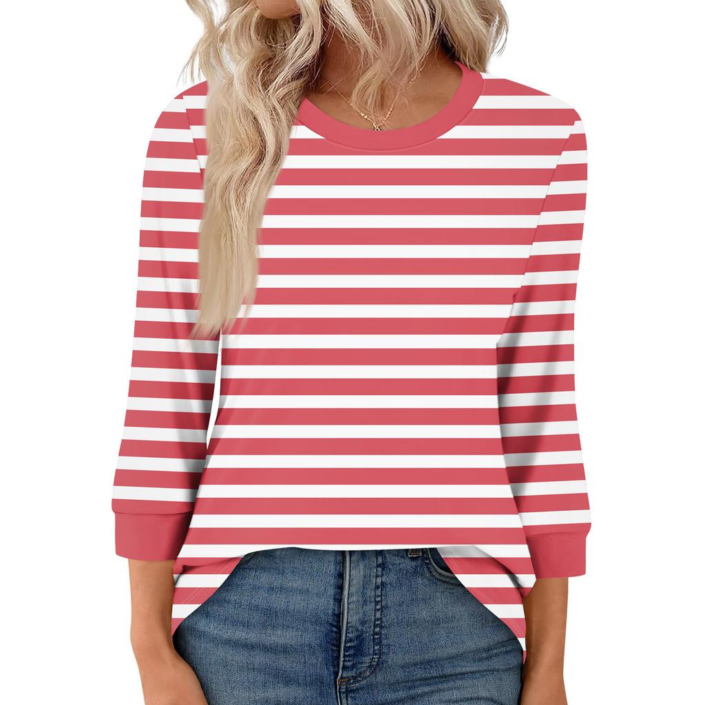 Women's Fashion Casual Seven Sleeve T-Shirt Print Round Neck Top