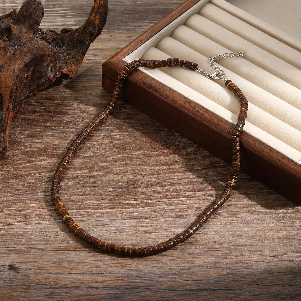 Summer Beach Bohemian Wood Chip Coconut Shell Necklace Men's Surf Necklace Simple Tribal Stainless Steel Necklace