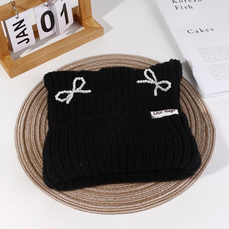 Hat Women's Autumn and Winter Cat Ear Wool Hat Sweet and Cute Bow Warm Knit Hat Ear Protection Cold Pullover Hat