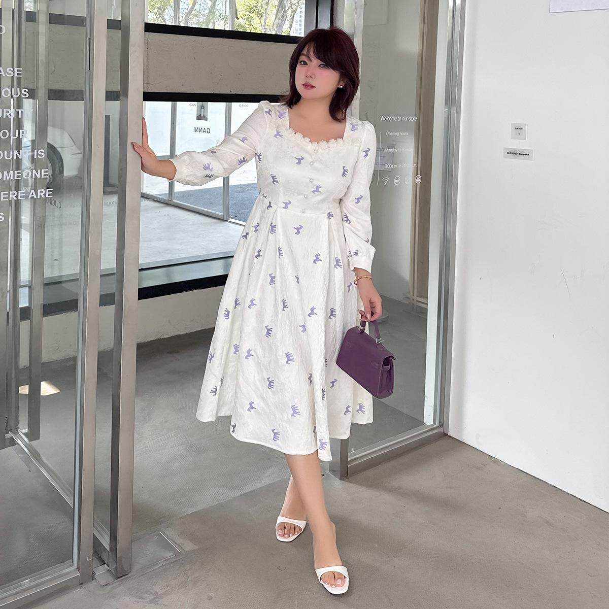 Plus Size Women s Spring Square Neck Jacquard Embroidery Slim Fit French Dress 2XL