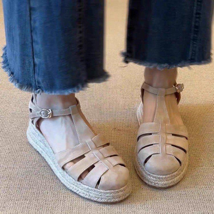 Soft leather version~ retro style woven hollow T-buckle belt casual straw woven thick-soled wedge heel bag head sandals women's outer wear