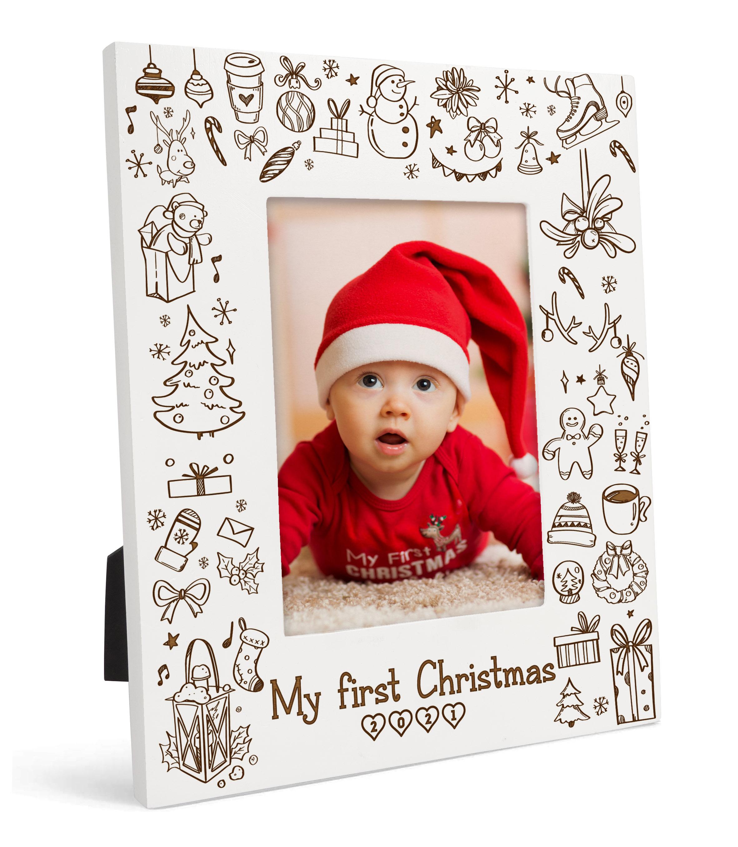 

Любовний сувенір, ЗРОБЛЕНИЙ З ЛЮБОВ’Ю, персоналізована різдвяна фоторамка з гравіюванням на дереві, настільна біла фоторамка (Моє перше Різдво) 4x6 Inches Vertical білий