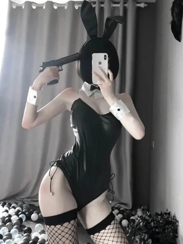 Bunny Girl Cosplay Woman Sexy Lingerie PU Faux Leather Bodysuit with Tie Headband Set Kawaii Rabbit Suit Porno Exotic Costume