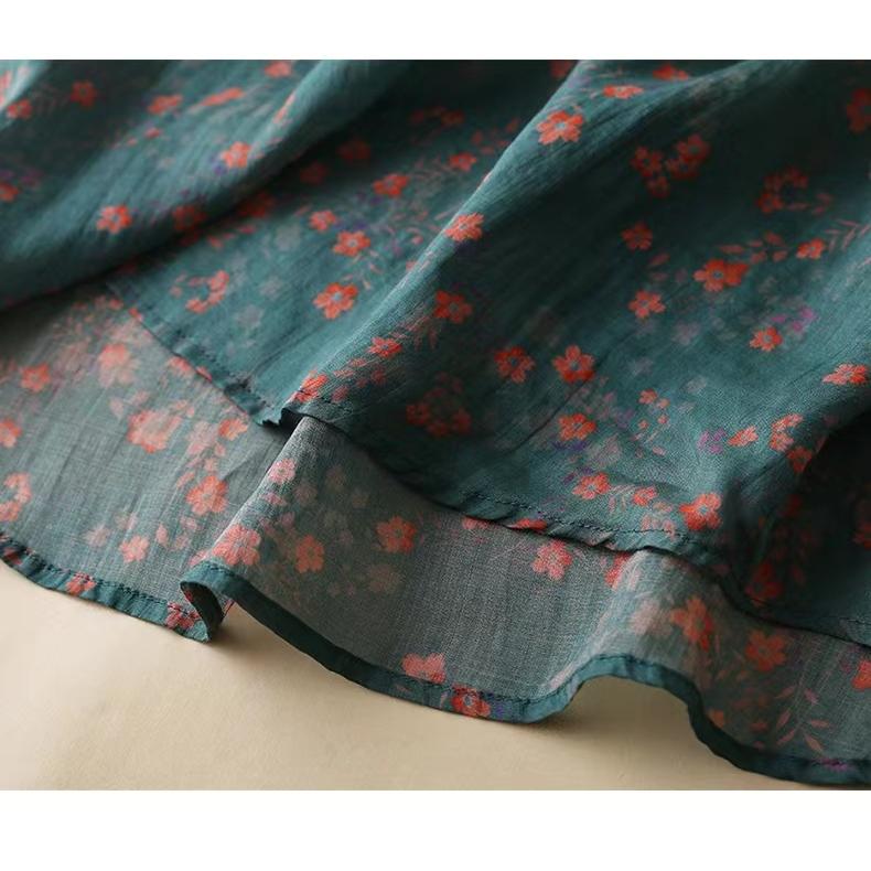 Summer Slim Stand Up Collar Cotton Linen Top for Women Blouse Floral Short Sleeve Flip Collar Artistic Shirt