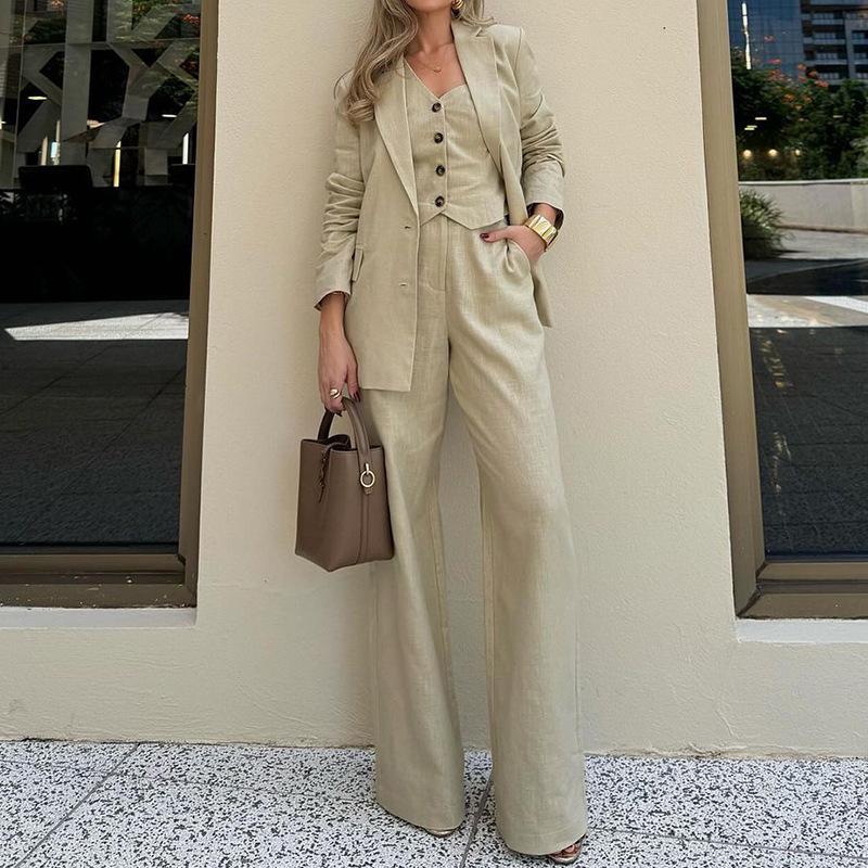 Available Autumn/Winter 2024: Women's Solid Color Fashion Vest Suit & Wide-Leg Pants 3-Piece Set.