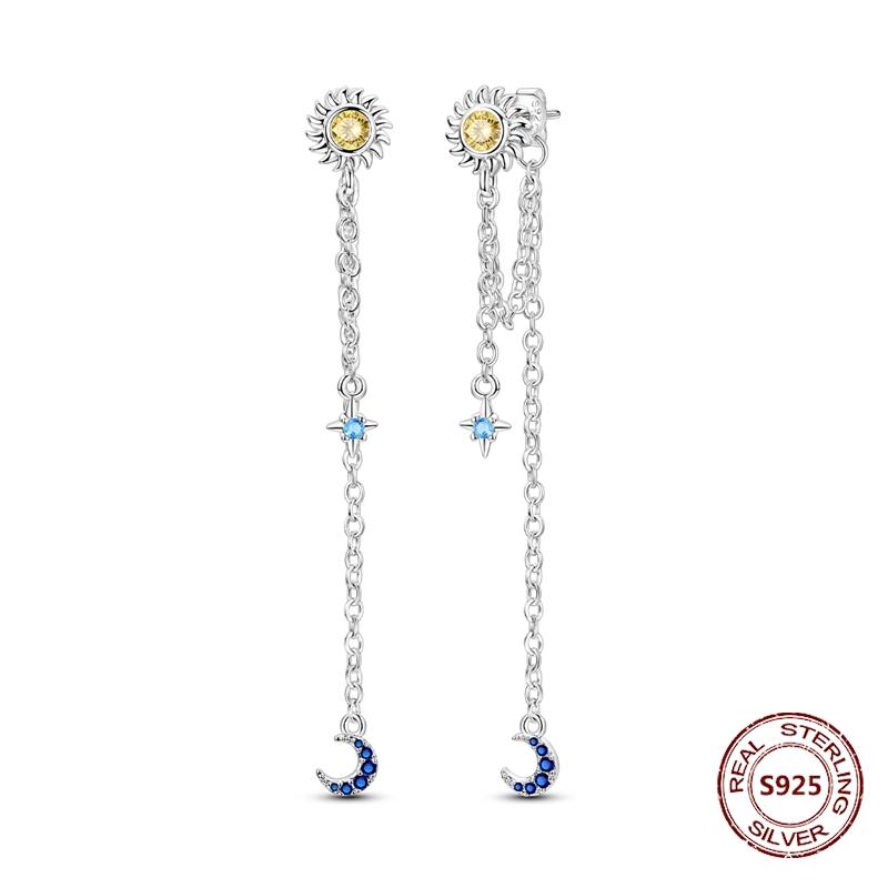 Shining Blue Zircon Owl Earrings 925 Silver Evil Eyes Earrings for Women Wedding Engagement Planet Moon Star Zirconia Jewelry