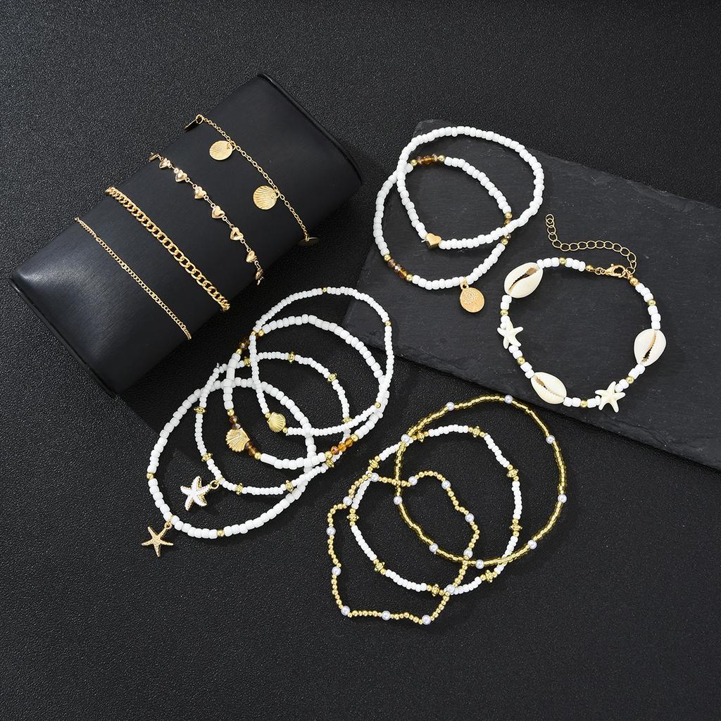 14Pcs/Set Bohemian Rice Beads Starfish Shell Anklet Sets for Women Retro Gold Color Multilayer Foot Chain Vacation Jewelry Gifts