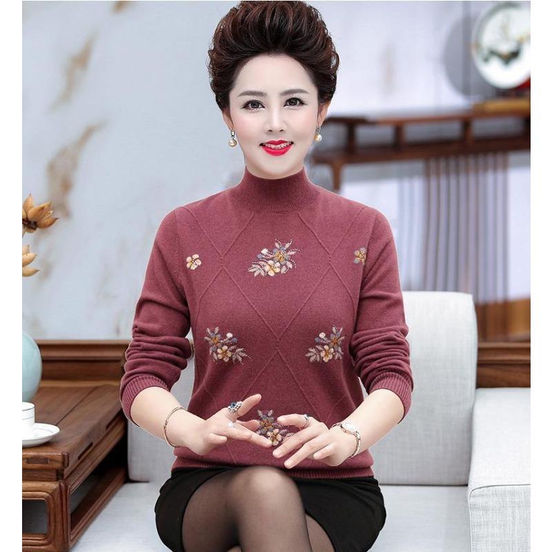 

Women s Pullover Half Turtleneck Autumn and Winter Sweater Knitted Flower Embroidery Hot Rhinestone Long-sleeved Fashion Top S рожевий