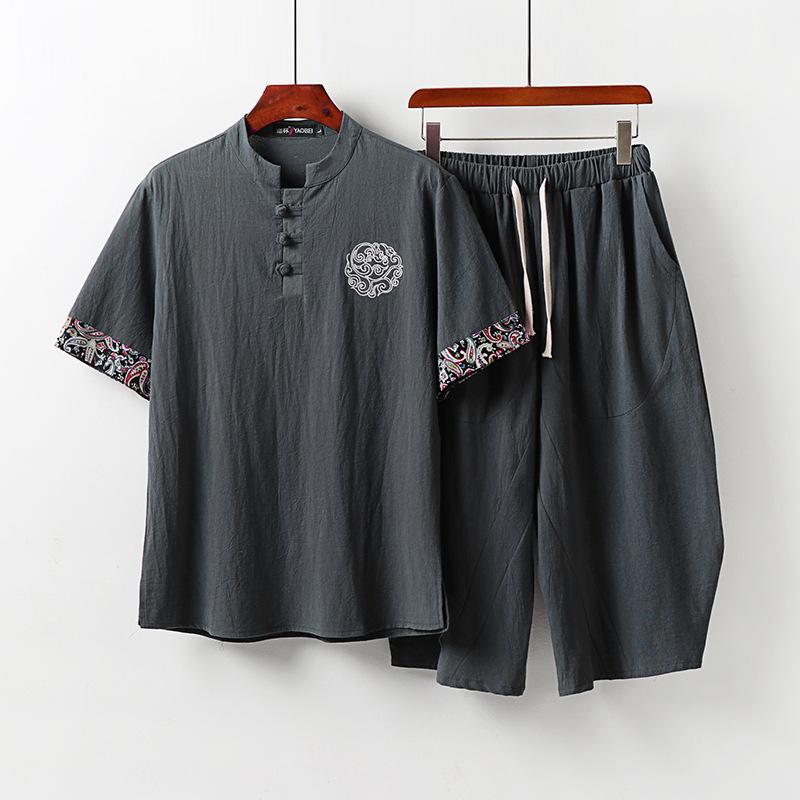 Short-sleeved Suit Men's Summer Thin Disc Button T-shirt Tide Chinese Style Men's Cotton and Linen Retro Stand-up Collar Two-piece Suit