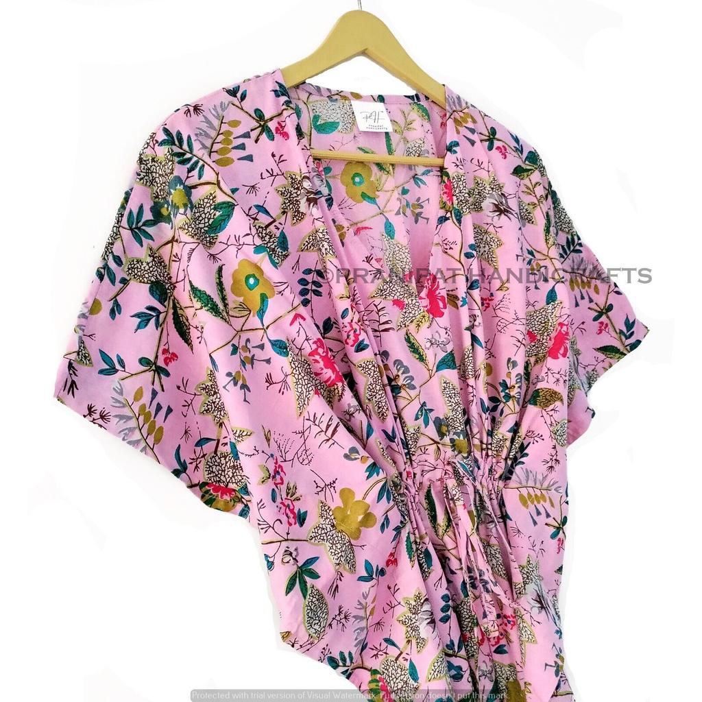 Indisches Pink Langes Baumwoll-Hippie-Maxikleid mit Blumendruck Damen Nachtwäsche Kaftan Kleid CKFTN-SCRN-FULL-BUYIT-144