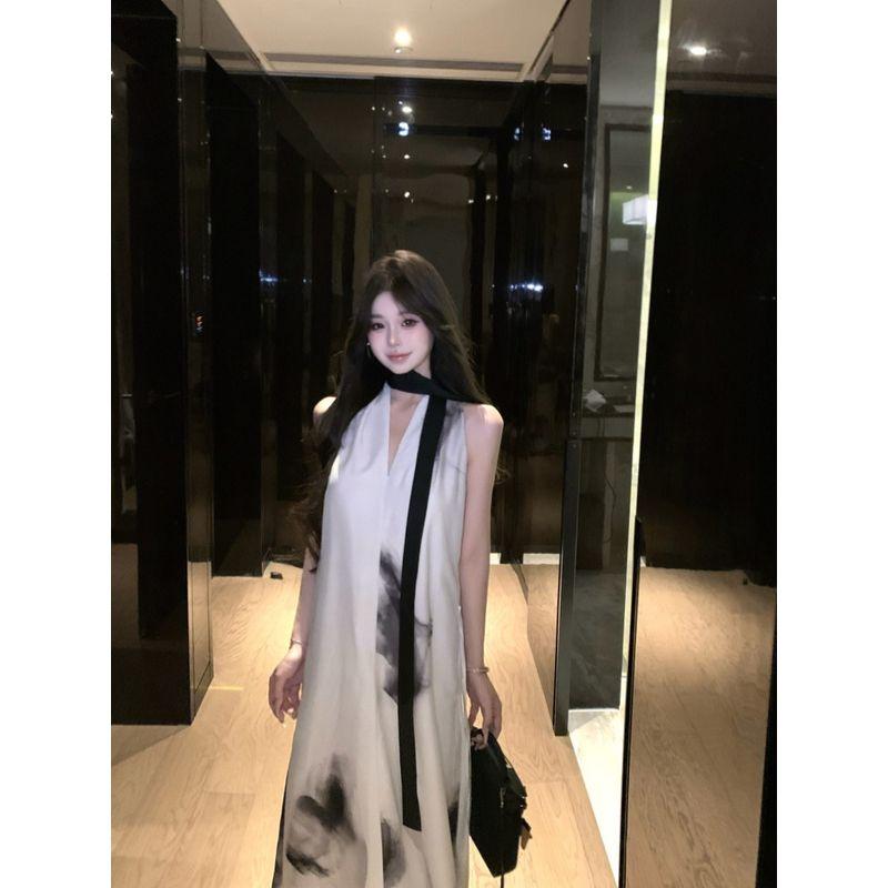 Kumikumi Holiday Style Design Sense Smudges V-neck Hanging Neck Dress Women Summer Niche Chic Loose Long Dress