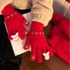 Cute Red Knitted Gloves for Women In Autumn and Winter with Velvet Fingers To Keep Warm for Students While Riding Windproof and Coldproof