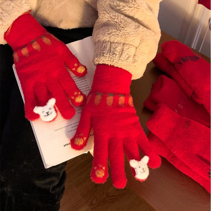 Cute Red Knitted Gloves for Women In Autumn and Winter with Velvet Fingers To Keep Warm for Students While Riding Windproof and Coldproof