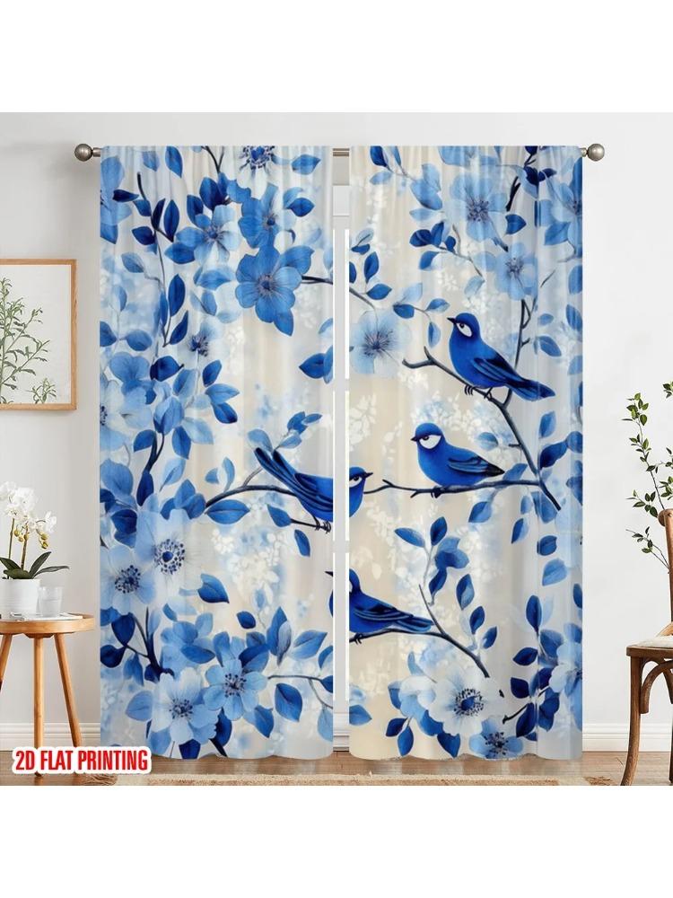 

2pc 2D plane printing Light Filtering Curtains Bluebird Blossoms 100% Polyester (without rod) Festive for Bedroom Living Room 100*130 Grommet Top 1pcs