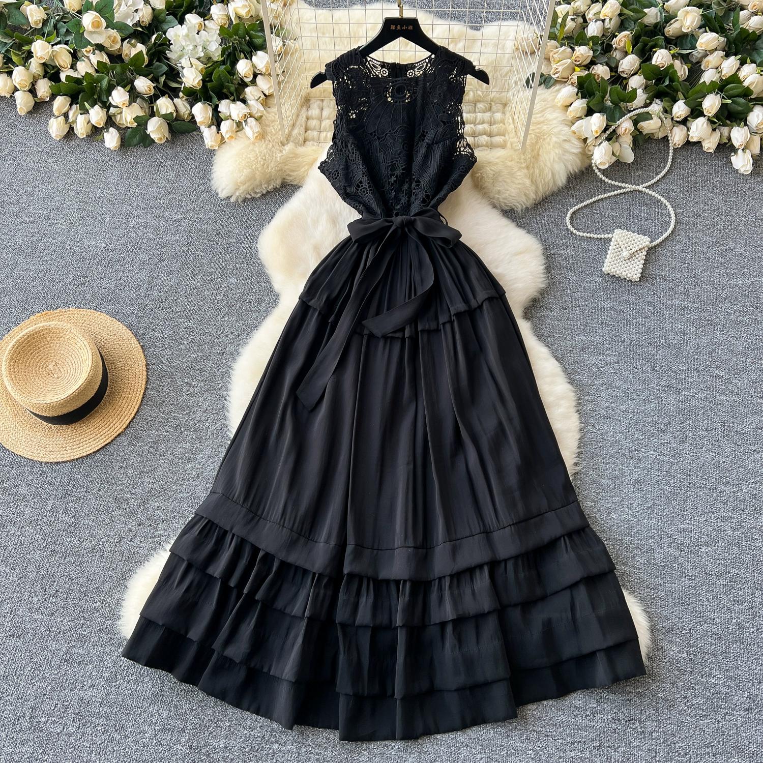 

Летние женские водорастворимые кружевные вязаные крючком цветочные вышитые шифоновые пэчворк длинные макси праздничные пляжные платья M чёрный