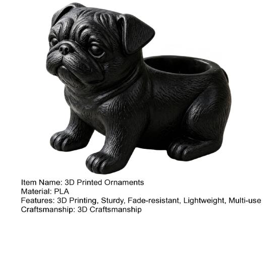 3D Printed Pug Figurine Planter, Realistic Dog Statue with Back Planting Slot, Matte Black Decor for Succulents Mini Plants Herbs, Multi-use Storage