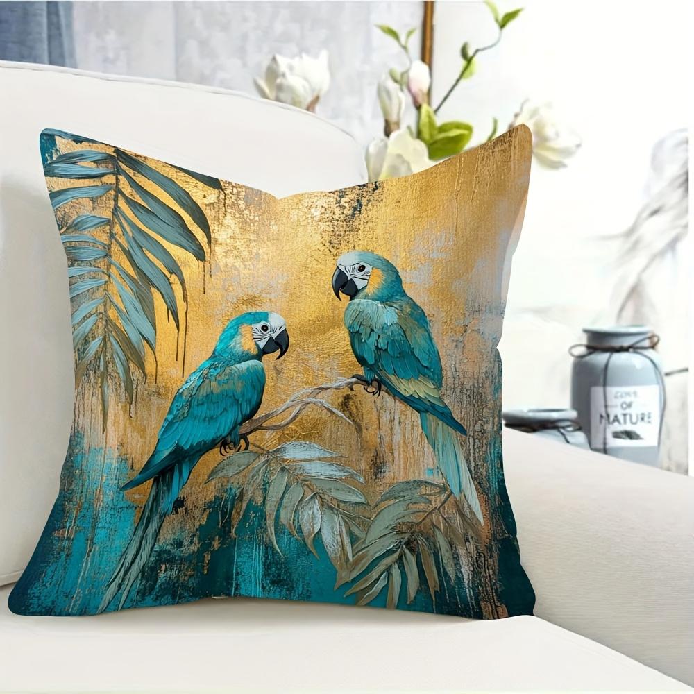 2D Flat- Boho Tropical Teal Macaw Parrot Throw Pillow Cover Gold Foil Palm Leaf Cushion Case for Home Decor