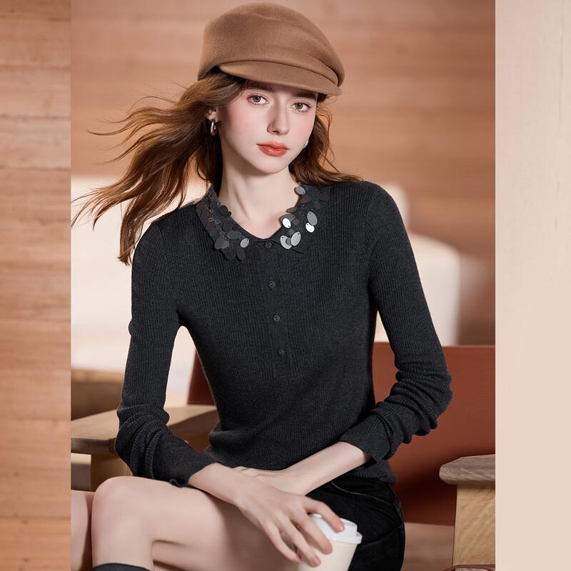 Elegant Wool Blend Sequin Lapel Knit Sweater L