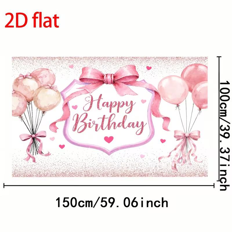 2D Pink Bow Happy Birthday Backdrop for Girls and Women's Parties