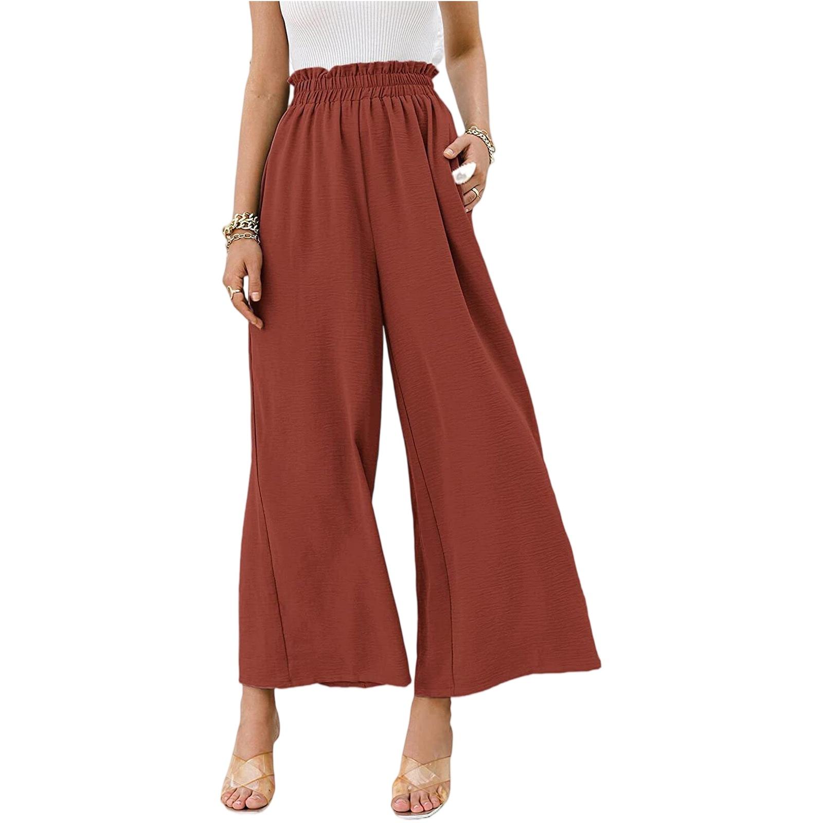 

Women’s High Waist Loose Fit Casual Wide Leg Pants Cotton Linen Blend Elastic Waistband Lightweight Trousers for Everyday Wear XL Кіновар