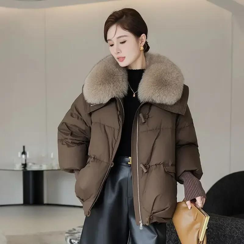 Brown Down Jacket Women Winter Coat New Fashion Warm Thick Short Loose Cotton Splicing Fur Collar Quilted Coat Women Clothing