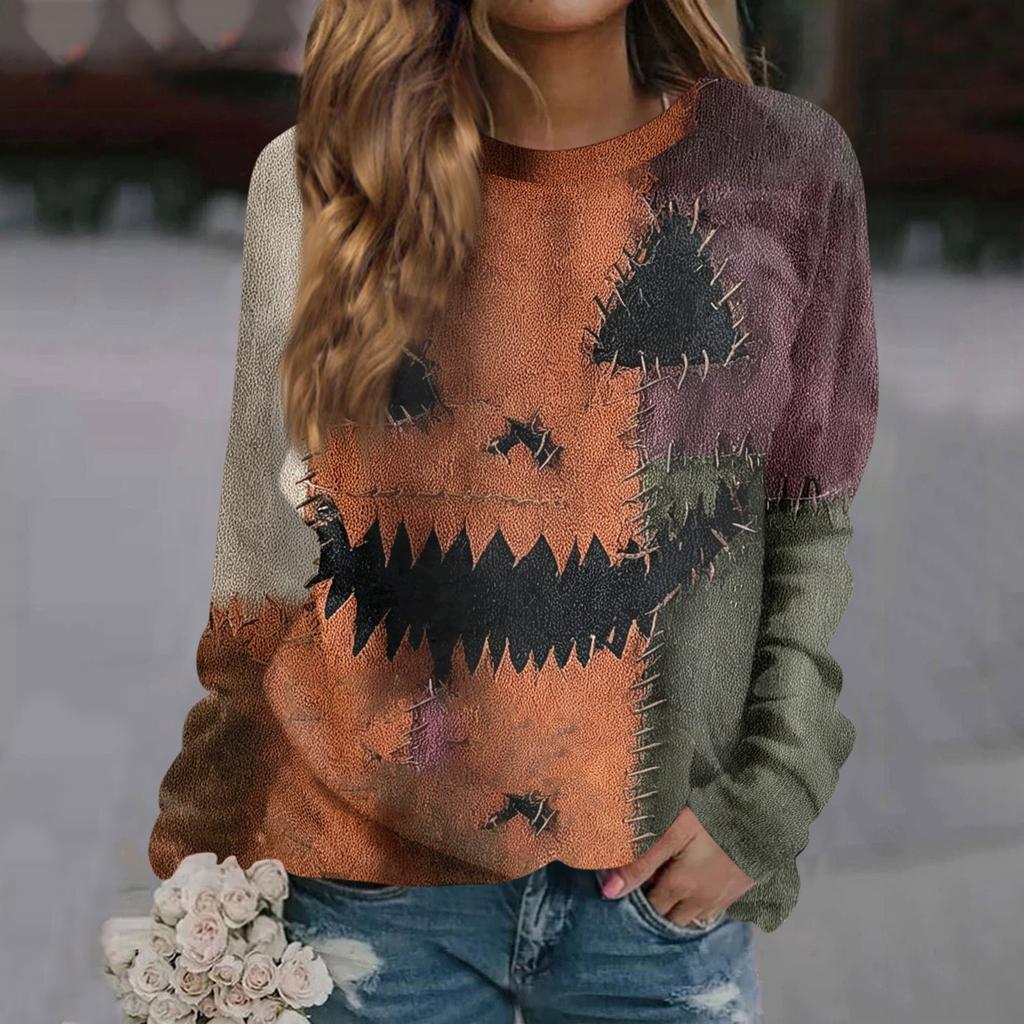 Women's Casual Long Sleeve Neck Halloween Print Sweatshirt Top