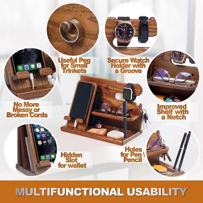 Wood Docking Station Farmhouse Nightstand Organizer Phone Wallet Jewelry Watch Stand Key Holder Bedside Birthday Gift