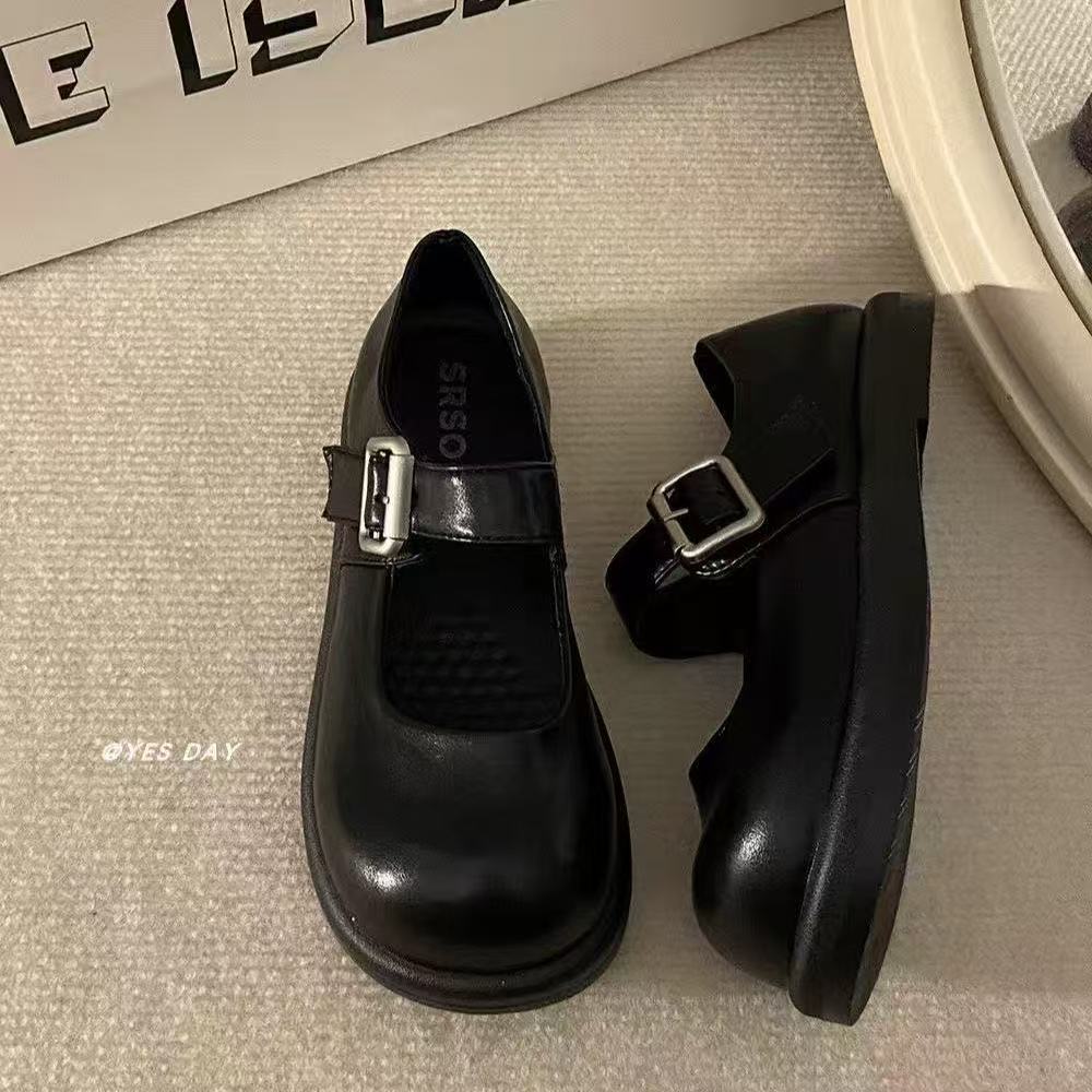 French round head Mary Jane single shoes early autumn new retro British style flat bottom inner height increase small leather shoes