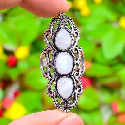 Natural Rainbow Moonstone Gemstone 925 Sterling Silver Ring Size 8.5 q8K05