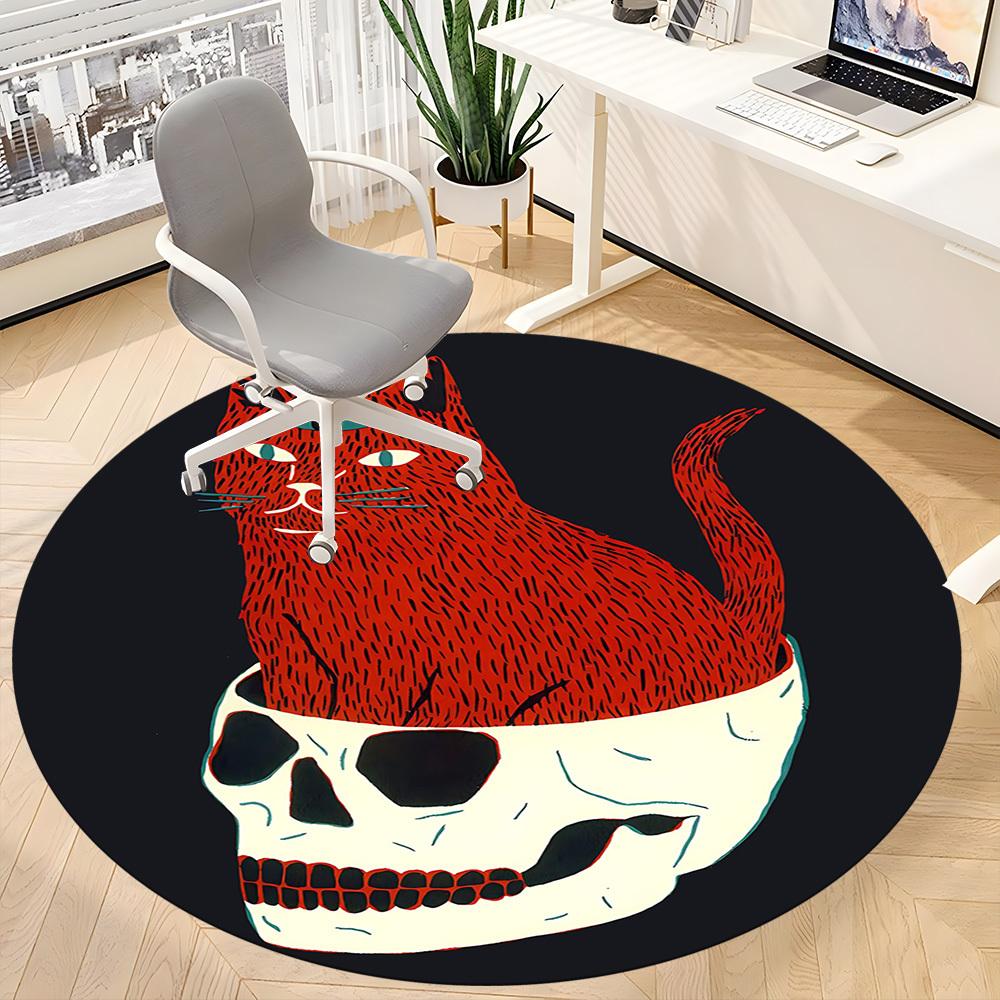 1PC Cat Skull Office Round Area Rug, Mat Suitable For Office, Under Office Chairs Bedroom Living Room Home Decor, Room Deco