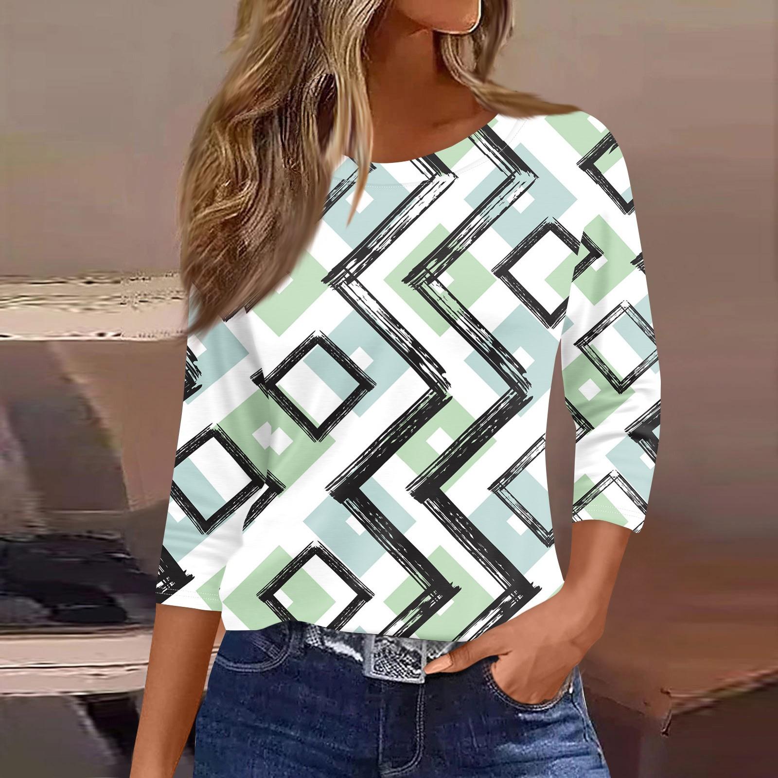 

Женская рубашка свободного покроя с рукавом семь четвертей в полоску в стиле ретро с круглым вырезом L зелёный