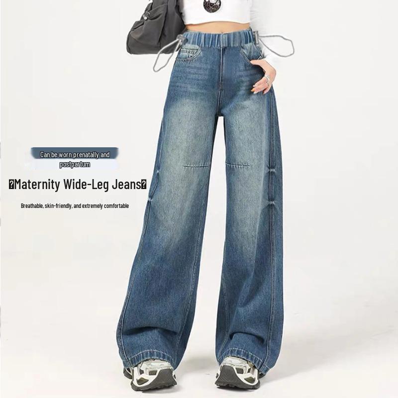 Retro Blue Floral Embroidered Maternity Wide-Leg Jeans - Autumn 2025 Collection 2XL