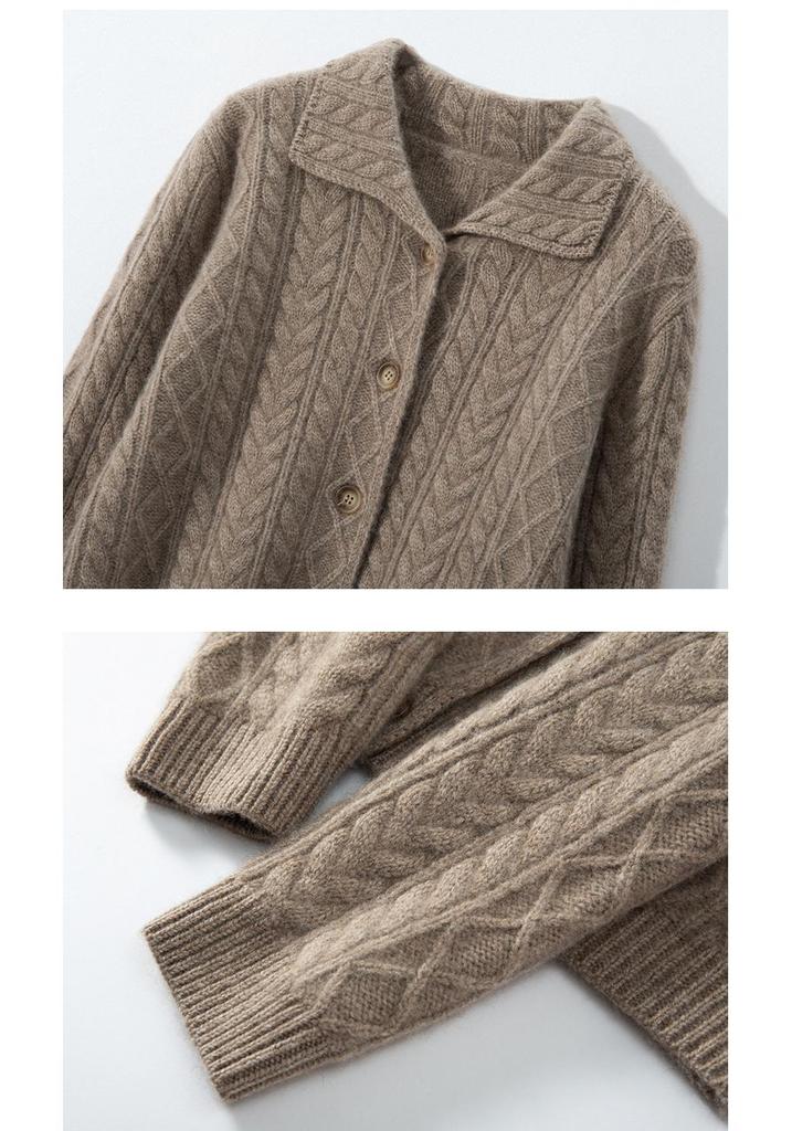 2026 Autumn/Winter Women's Fashionable Thick Cashmere Cable Knit Lapel Cardigan Sweater
