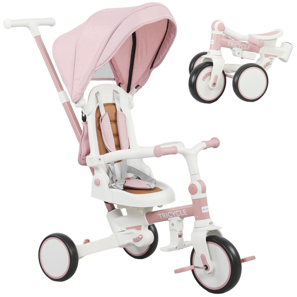 5-in-1 Children's Tricycle, Push Handle, Removable Cover, 96.5x49x101 cm, Pink