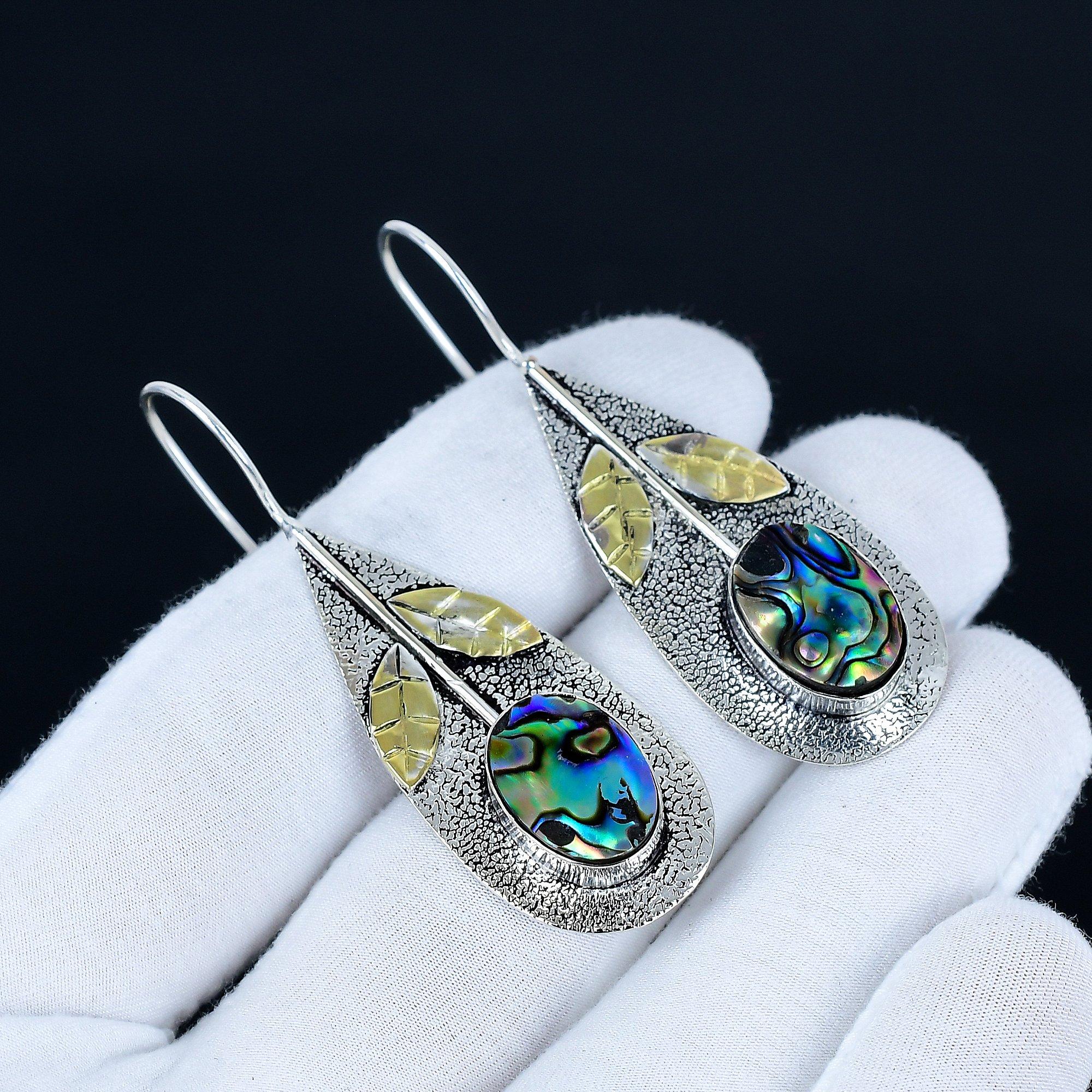 

Abalone Shell Gemstone Earrings, 925 Sterling Silver Earrings, Handmade Silver Earrings For Gift, Abalone Shell Dangle Earrings Valentine s Day Gift 6 Cm