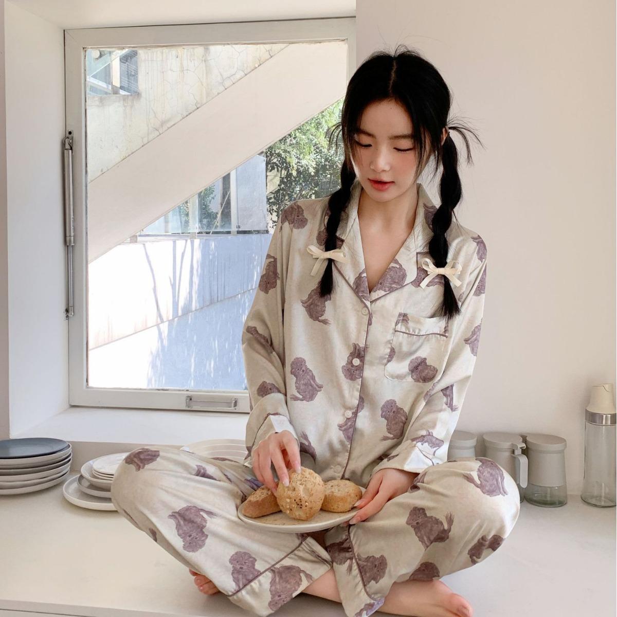 

Пижама для женщин с кудрявыми собаками в корейском стиле Ins, ленивый и милый домашний мех с рисунком из мультфильма, имитация шелка, весенний тонкий стиль M бежевый