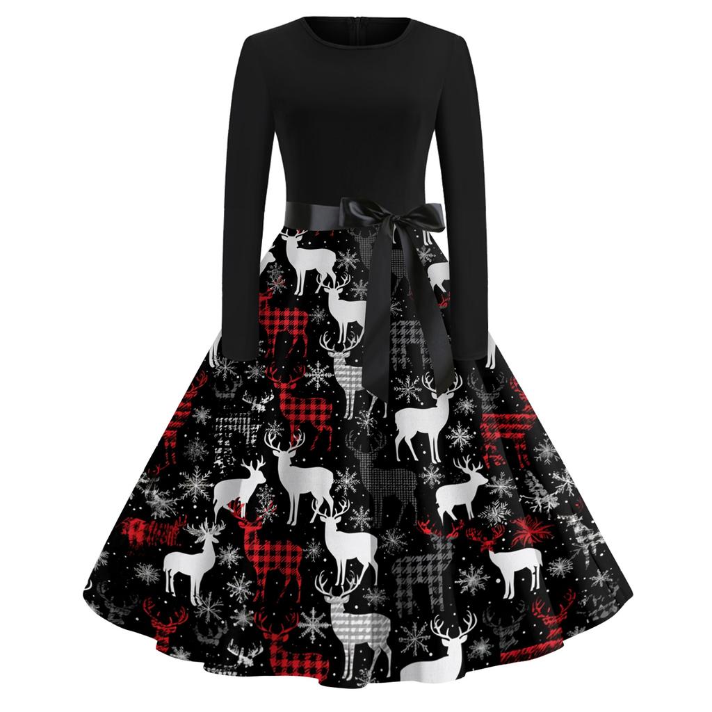 Women's Vintage Christmas Print Long Sleeve Round Neck Evening Party Dress for Holiday Events