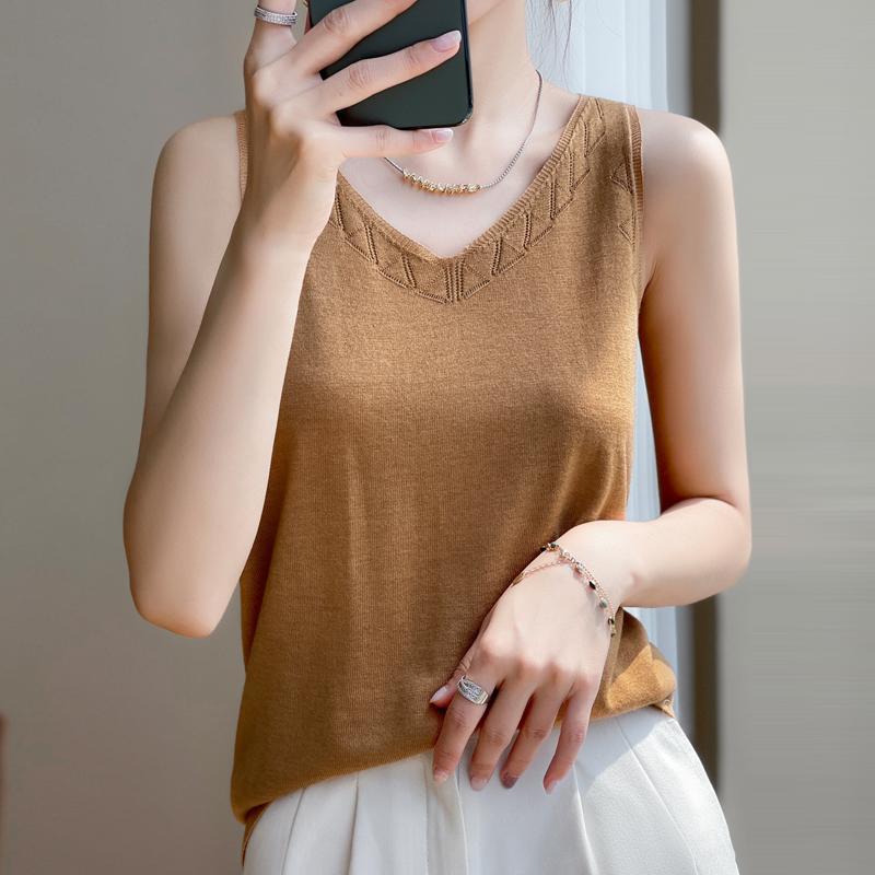 Μοντέρνο και Ευέλικτο Δαντελωτό Μπλουζάκι Γυναικείο V-neck Πλεκτό Εσωτερικό Μπλουζάκι Φαρδύ Εσωτερικό Ρούχο Αμάνικο Top