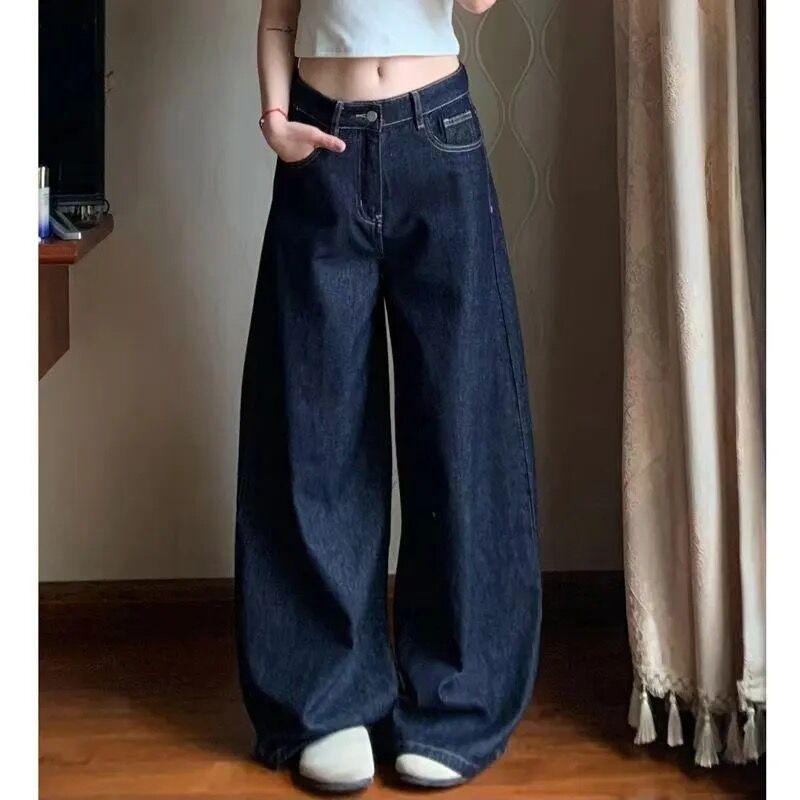 Dark Blue Small Wide-leg Jeans Women s Summer Retro Loose and Thin High-waisted Straight Casual Floor-mopping Trousers S темно-синий