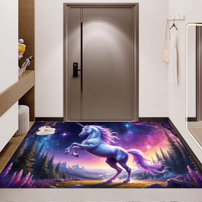 Galaxy Forest Purple Unicorn Mountain Landscape Print Area Rug Fantasy Myth Animal Non Slip Rectangular Floor Mat Gaming Room Bedroom Decor Rug