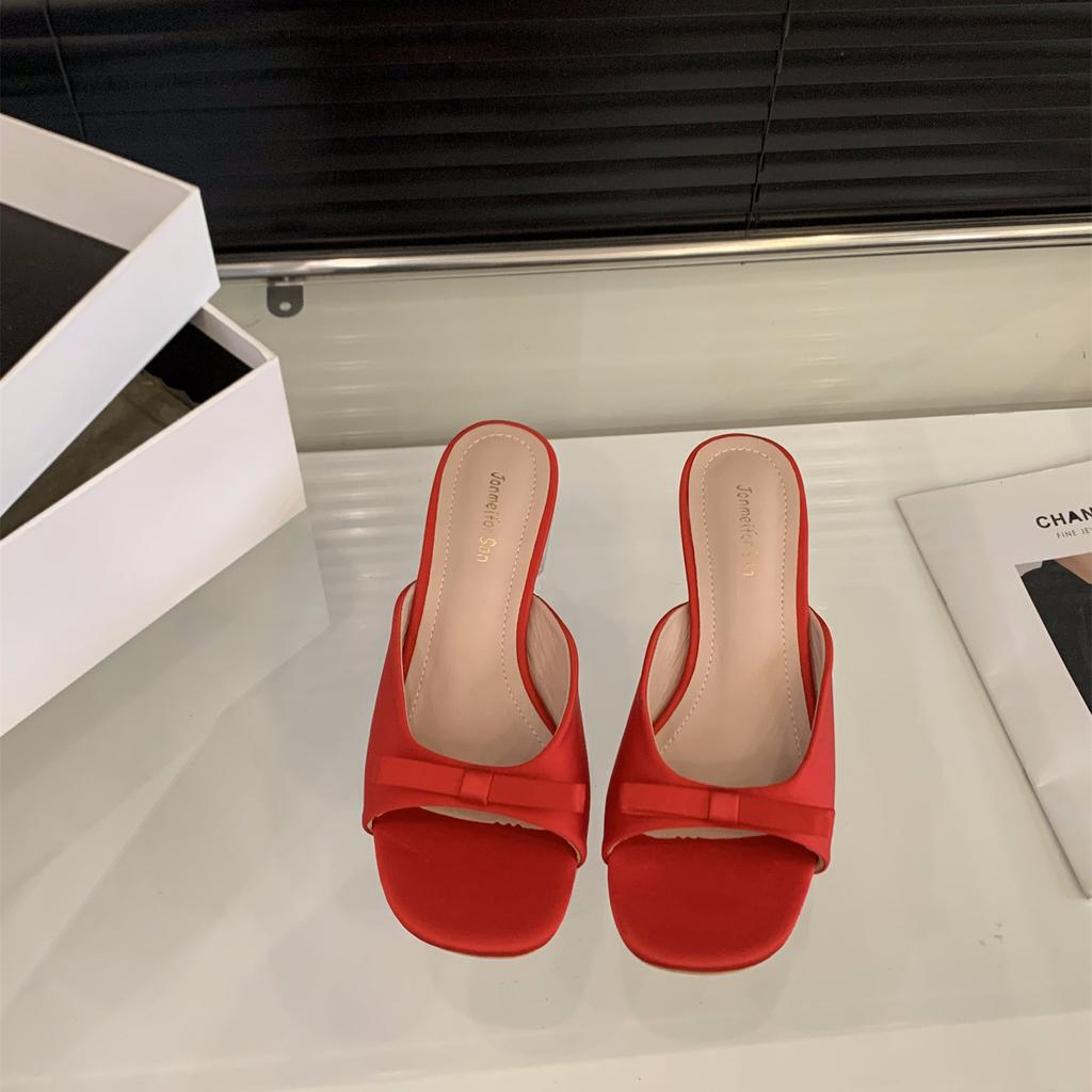 Transparent crystal thick heel bow satin French cool slippers women's shoes outer wear 2025 summer medium and high heel sandals
