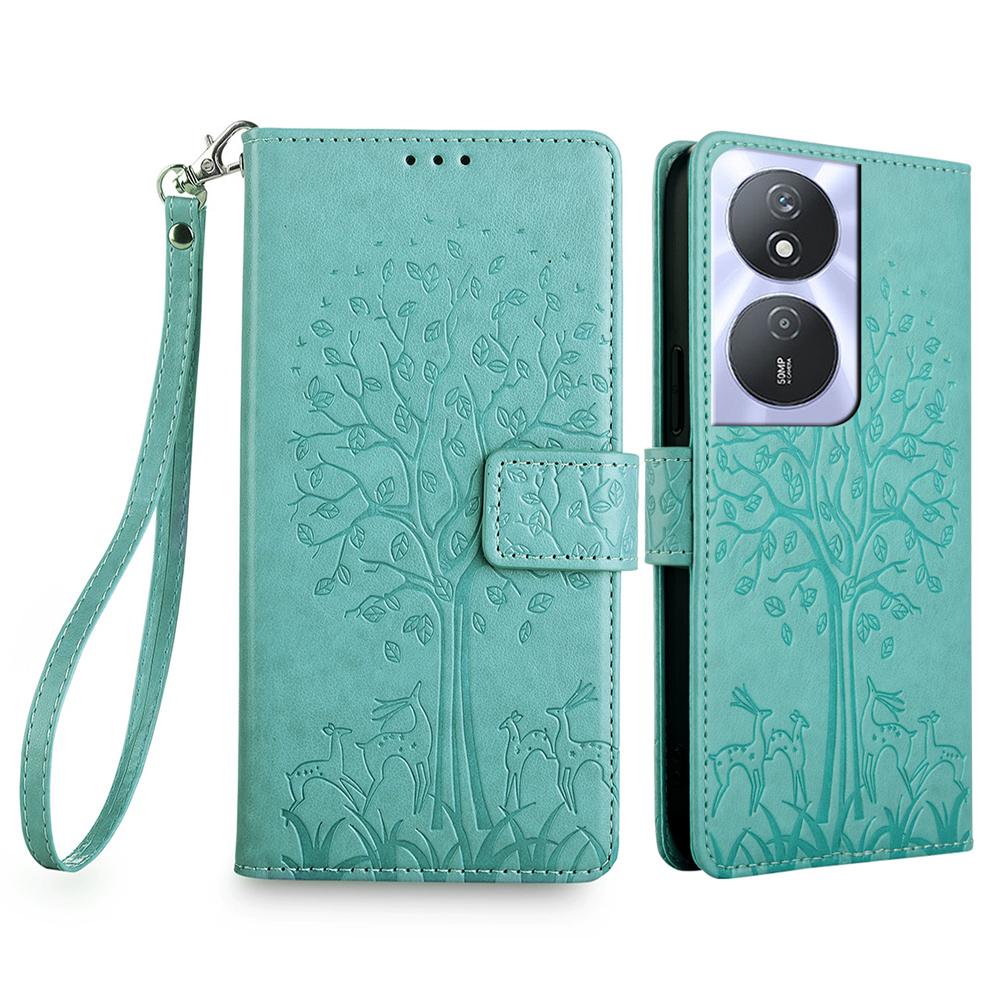 

For Honor Play 50 Plus 5G/Play 8T 5G/X7b 4G/90 Smart Case Imprinted Deer Tree Pattern Leather Phone Wallet Cover Green