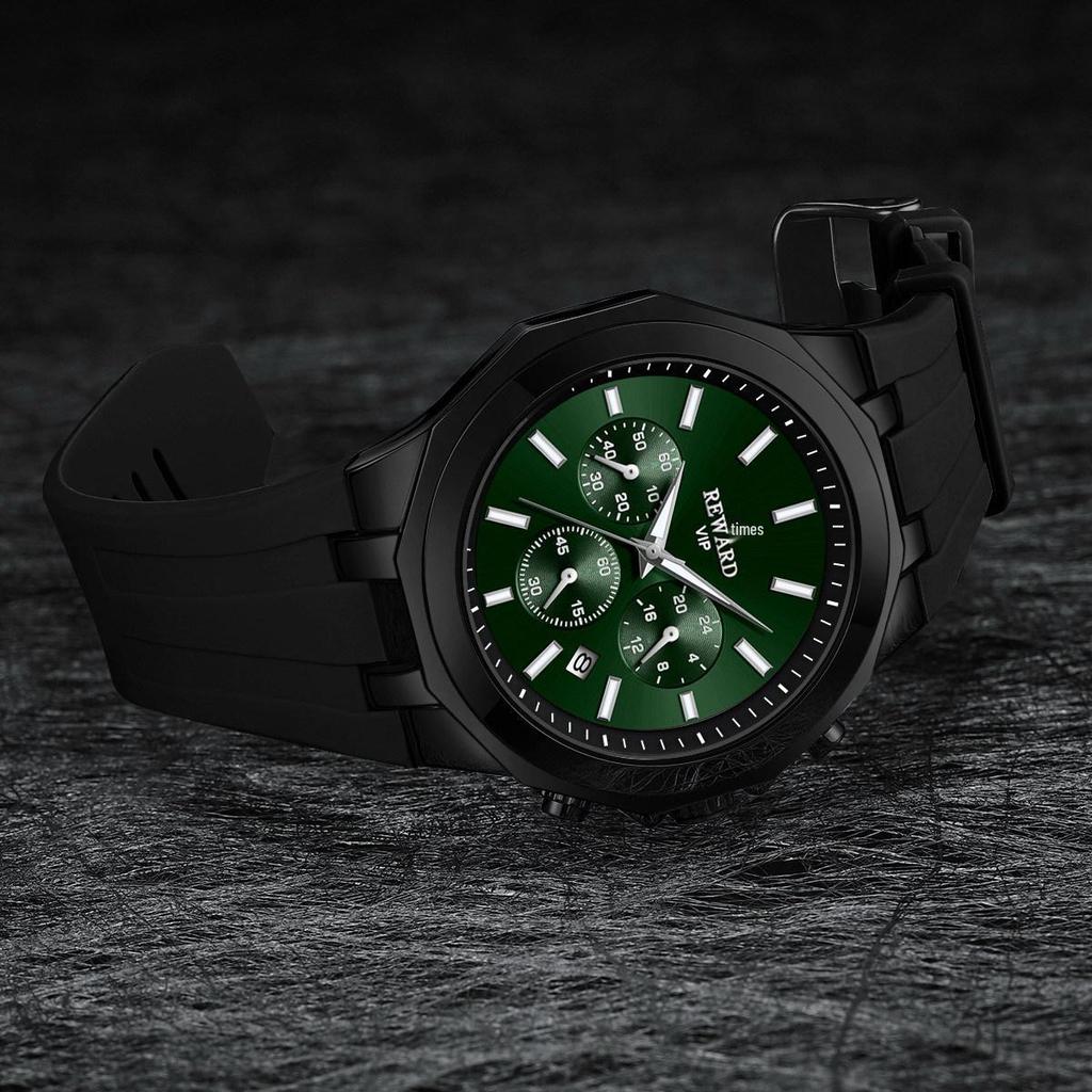 Men's Quartz Watch with Silicone Band, Multifunctional Design, Three Subdials, Six Hands, and Calendar.
