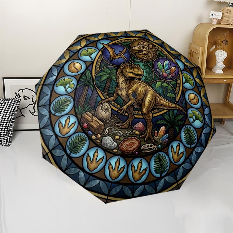 Dinosaur Glass Art Pattern Umbrella, Portable and Foldable Design, 8 Ribs, a Casual Accessory for Halloween, Christmas, and Birthday Gifts.