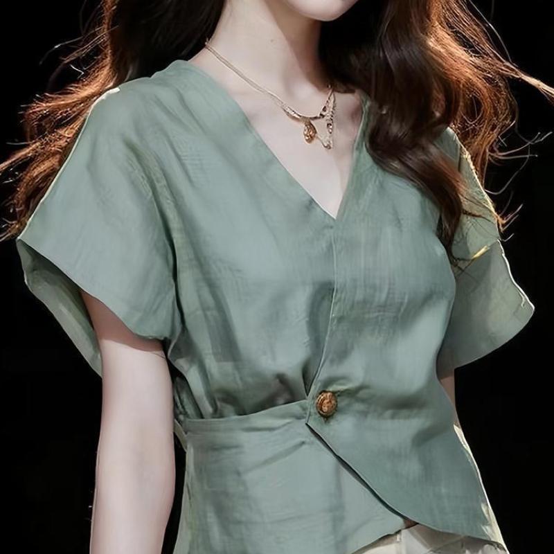 Green Short Sleeved Shirt for Women's Summer Temperament Small Shirt with Cinched Waist High-end Feeling Unique and Special Chiffon Top