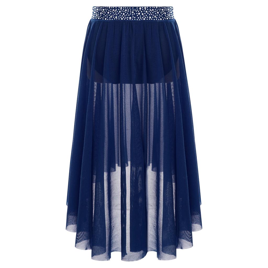 Saia de Dança Lírica para Meninas com Cós de Strass Brilhantes Saia de Malha High-Low Fenda Lateral Contemporâneo