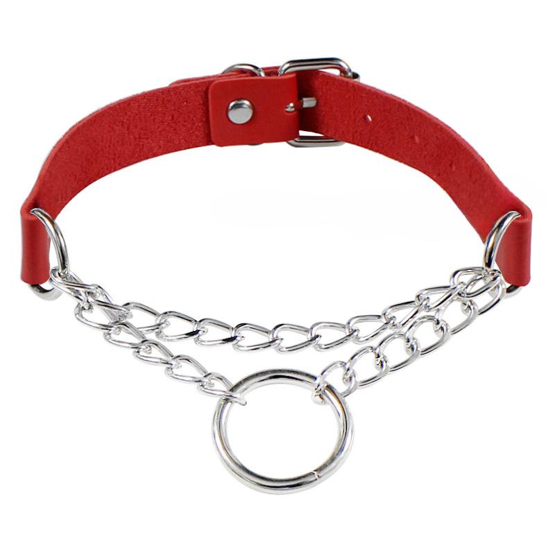 European & American Punk Style PU Leather O-Ring Collar Necklace with Chain
