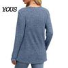 Crew Neck Pullover Women Ribbed Long Sleeve Top, Loose Casual Blouse with Button, Solid Soft Blouses Color ShCrew irt for Spring Autumn Top
