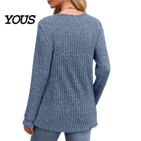Crew Neck Pullover Women Ribbed Long Sleeve Top, Loose Casual Blouse with Button, Solid Soft Blouses Color ShCrew irt for Spring Autumn Top
