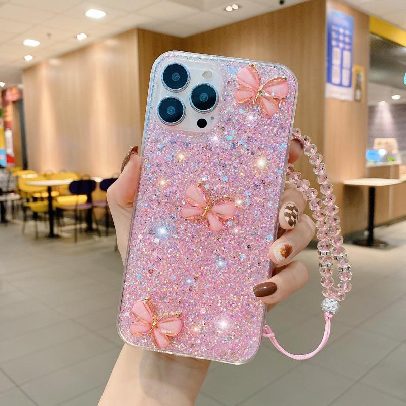 Applicable To Apple 17Pro Glitter Jade Butterfly Hand Rope Epoxy 15 Mobile Phone Case iPhone14 Butterfly 16Pro Max